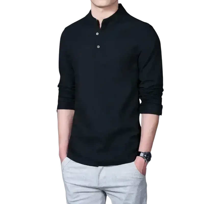 Men’s black long sleeve linen henley shirt with mandarin collar, subtle texture, and three-button placket