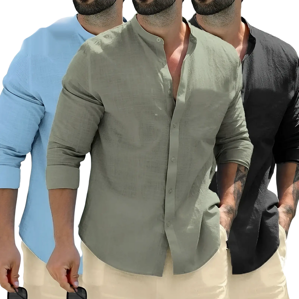 Mens mandarin collar long sleeve linen shirt in olive green with button-down front and rolled sleeves