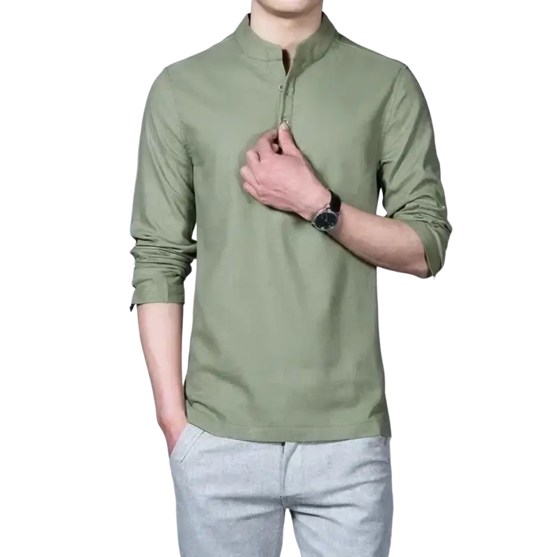 Men’s olive green long sleeve linen shirt with mandarin collar and zipper closure for casual wear