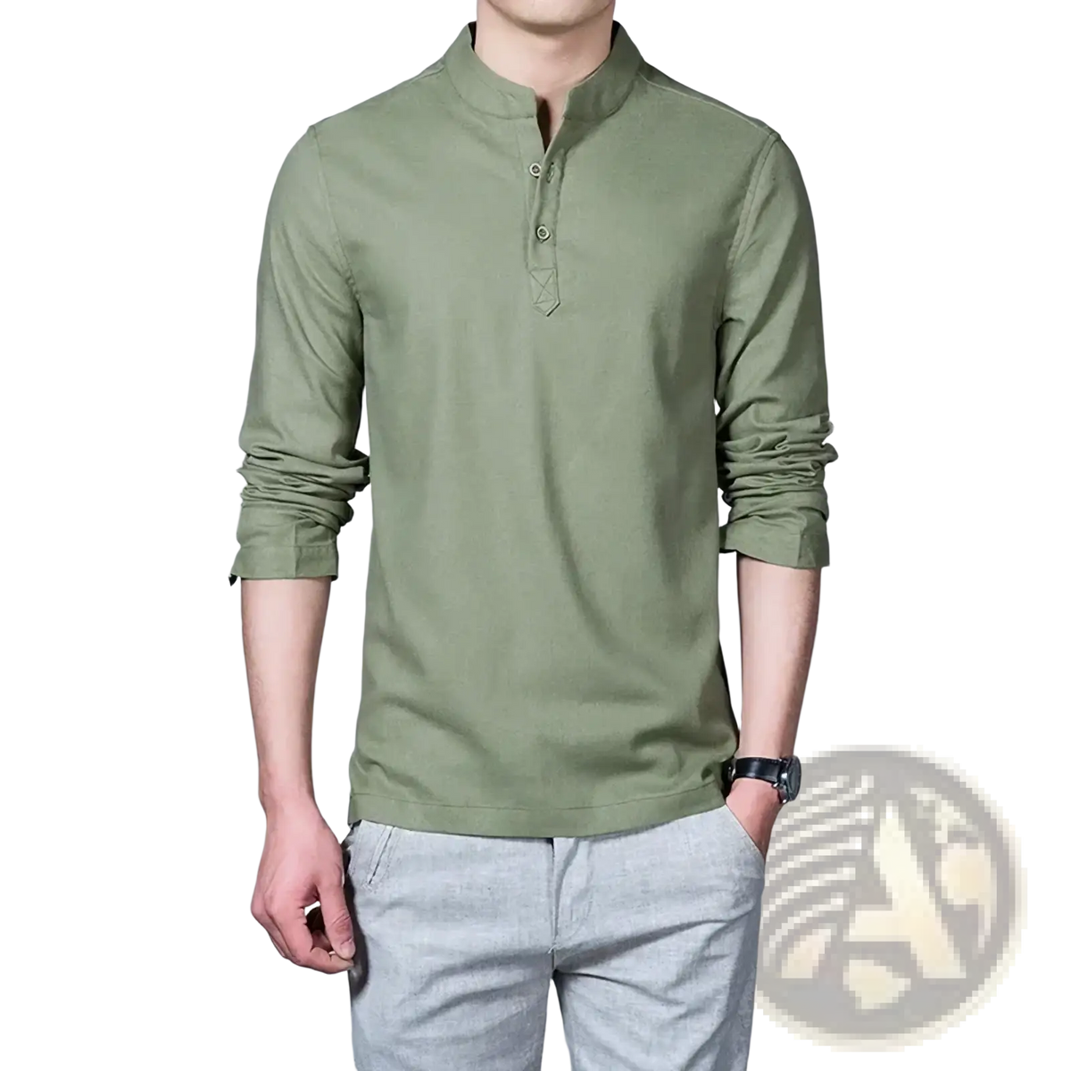 Men’s olive green long-sleeved henley shirt with rolled cuffs and buttoned placket in breathable linen fabric