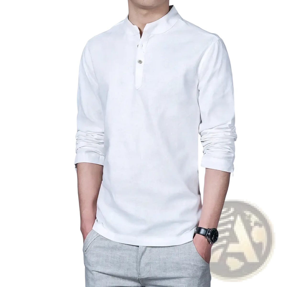 Men’s white long sleeve linen shirt with mandarin collar, rolled cuffs, and single button closure