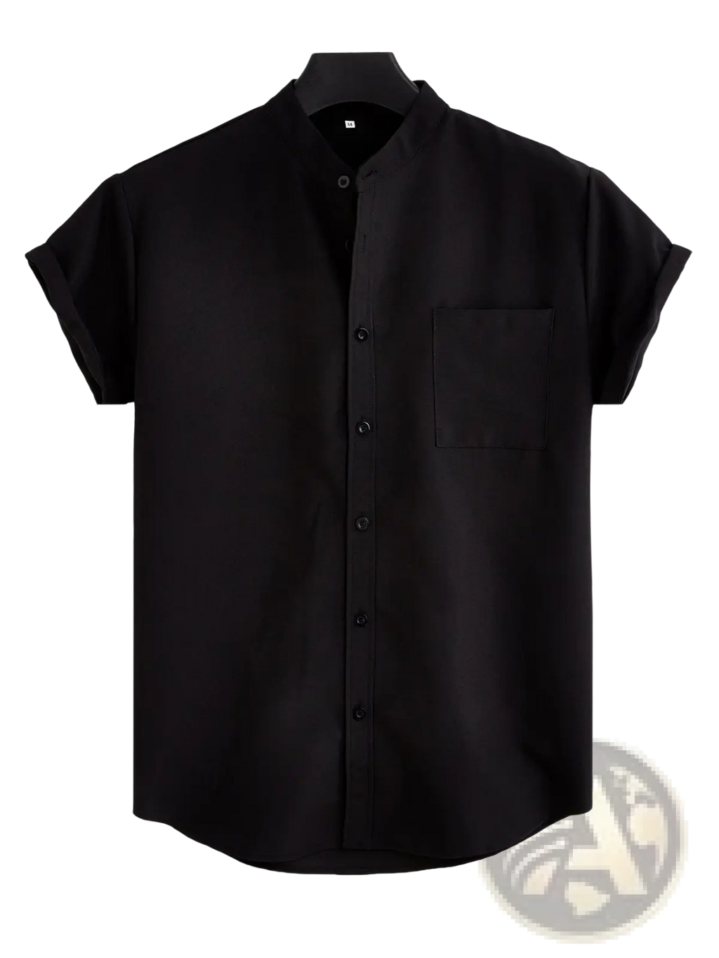 Black mens mandarin collar short sleeve casual shirt with button-up front and single chest pocket