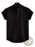 Black mens mandarin collar short sleeve casual shirt with button-up front and single chest pocket