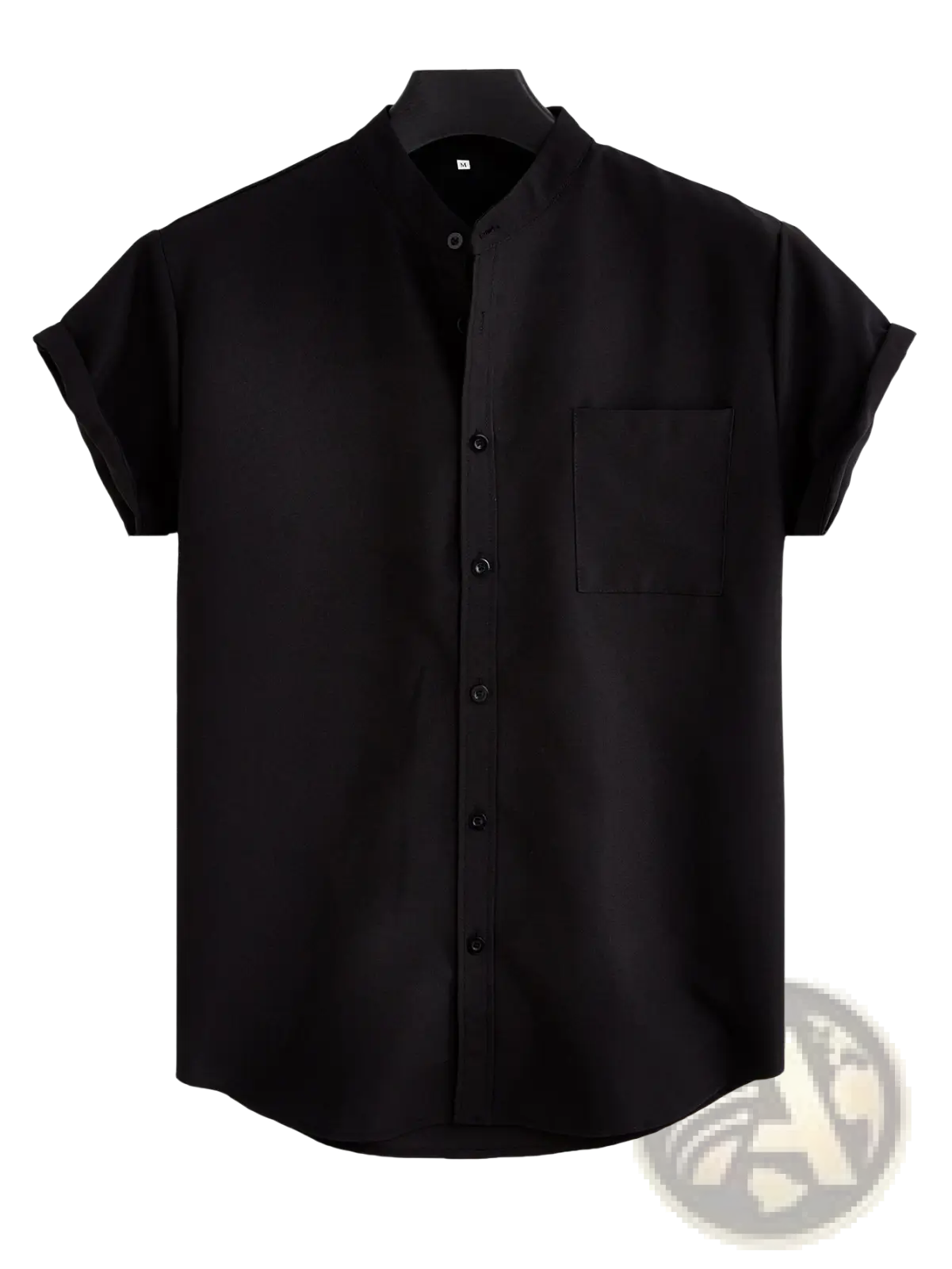 Black mens mandarin collar short sleeve casual shirt with button-up front and single chest pocket