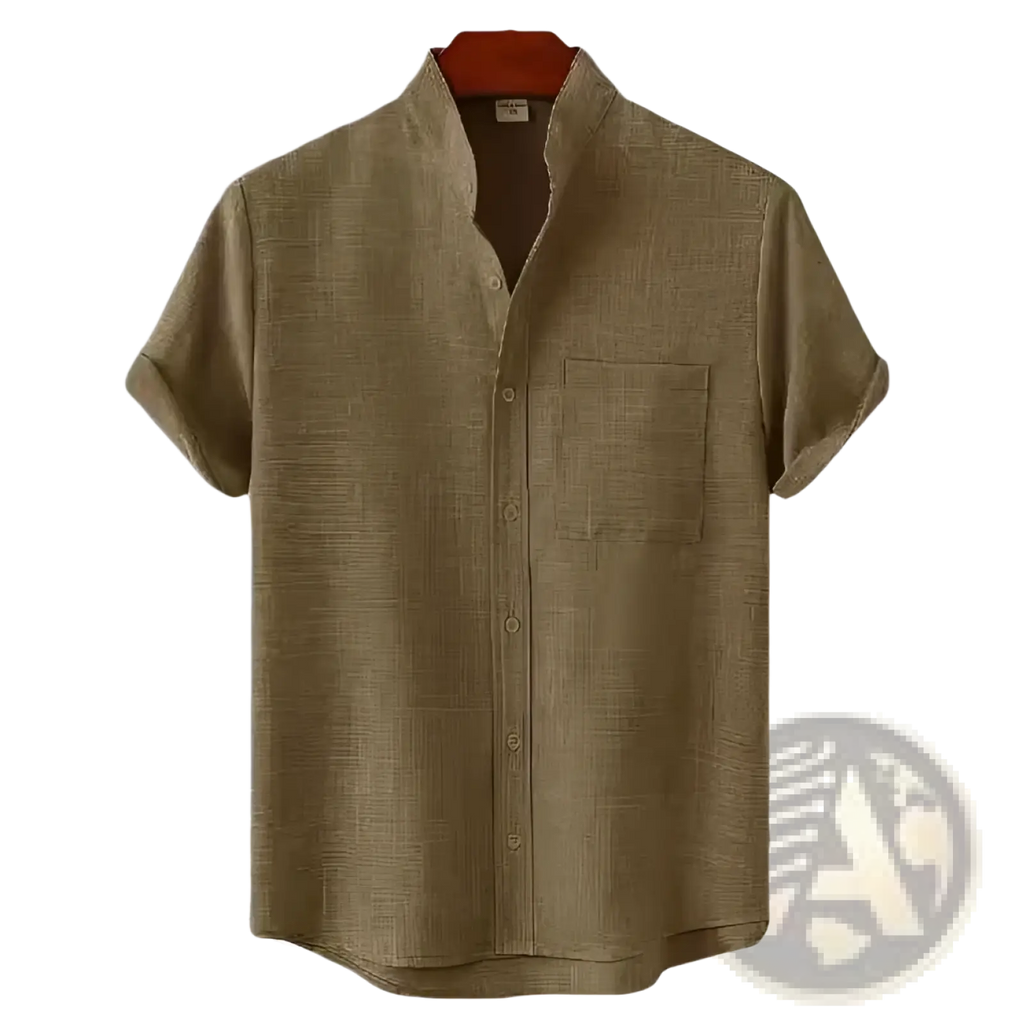 Mens olive green mandarin collar short sleeve casual shirt with subtle textured weave and chest pocket