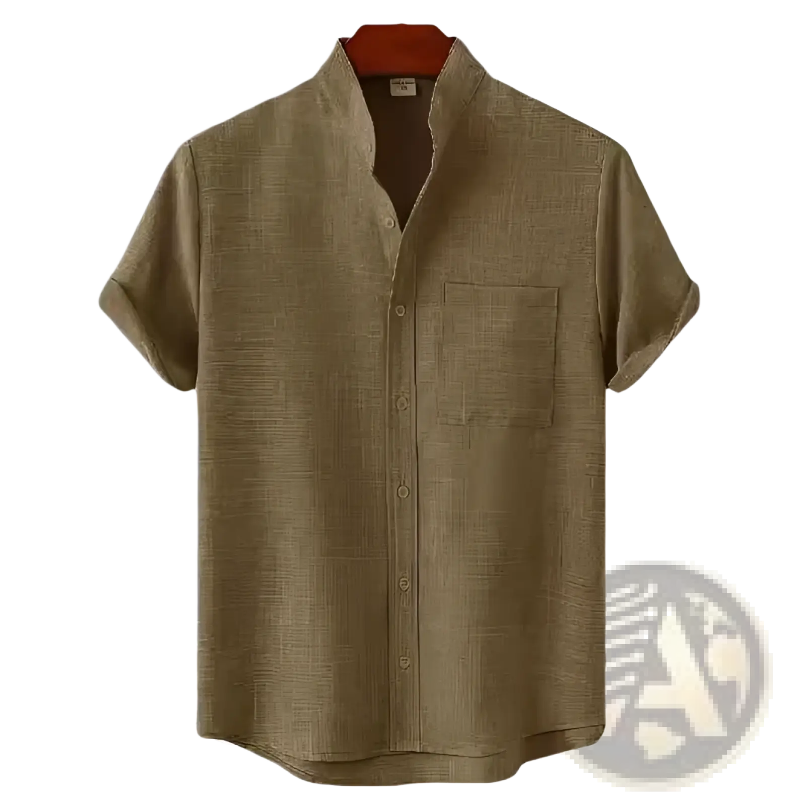Mens olive green mandarin collar short sleeve casual shirt with subtle textured weave and chest pocket