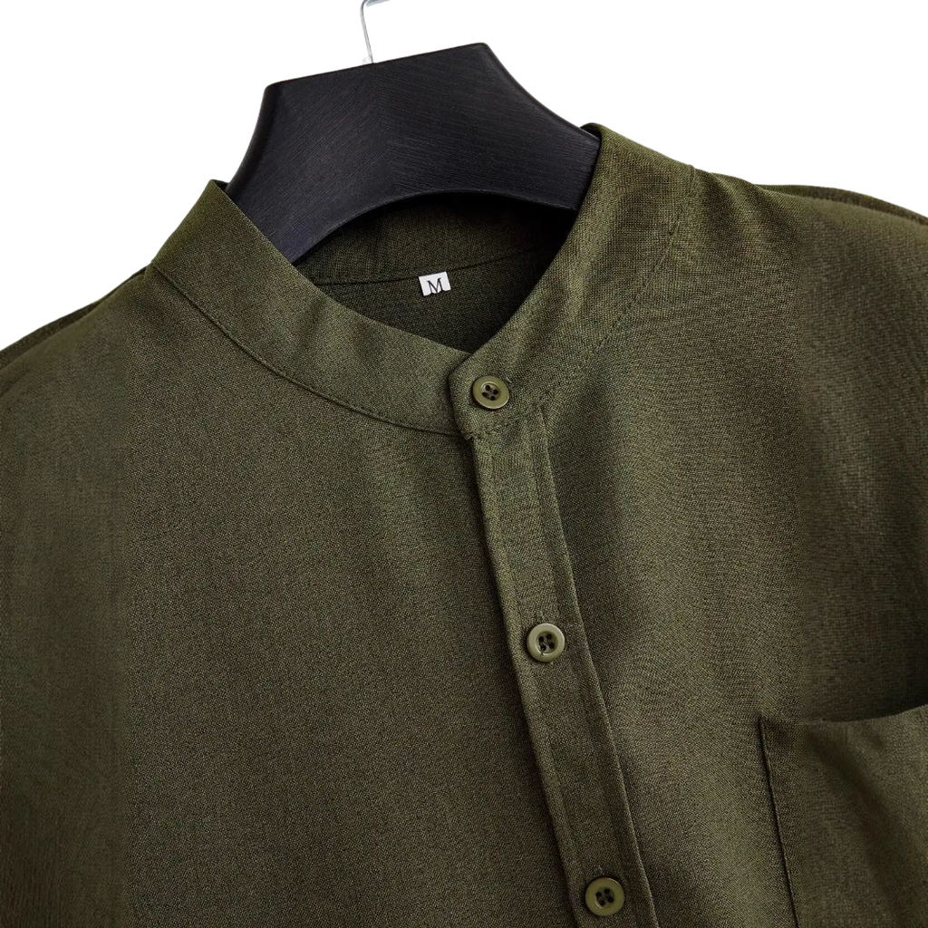 Mens mandarin collar short sleeve casual shirt in olive green linen with matching buttons and mandarin collar
