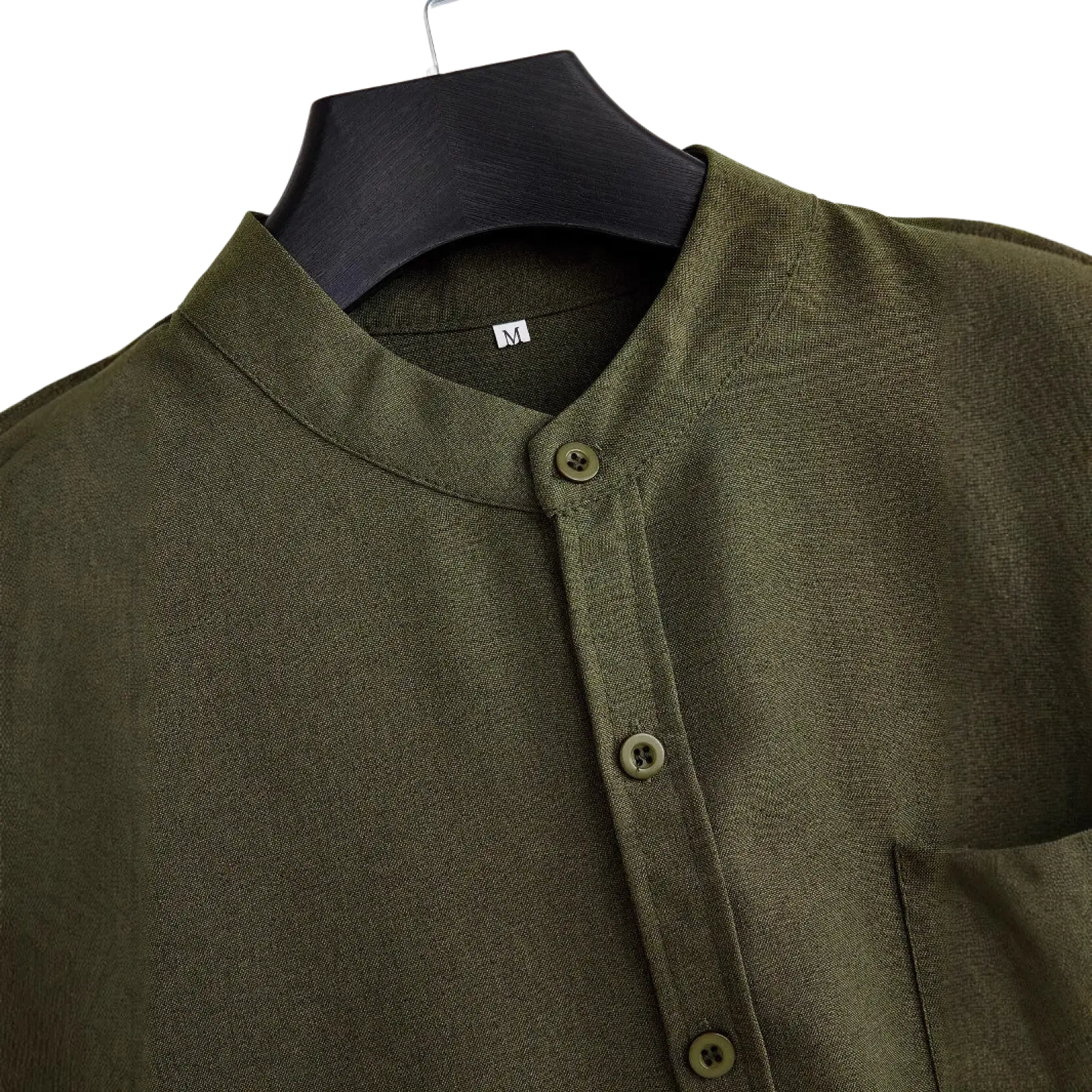 Mens mandarin collar short sleeve casual shirt in olive green linen with matching buttons and mandarin collar