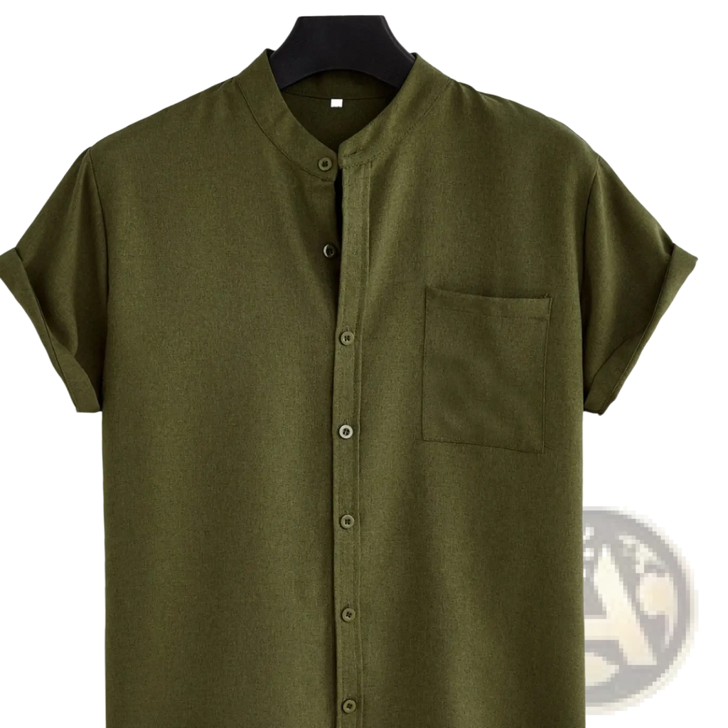 Mens olive green mandarin collar short sleeve casual shirt with button-up front and single chest pocket