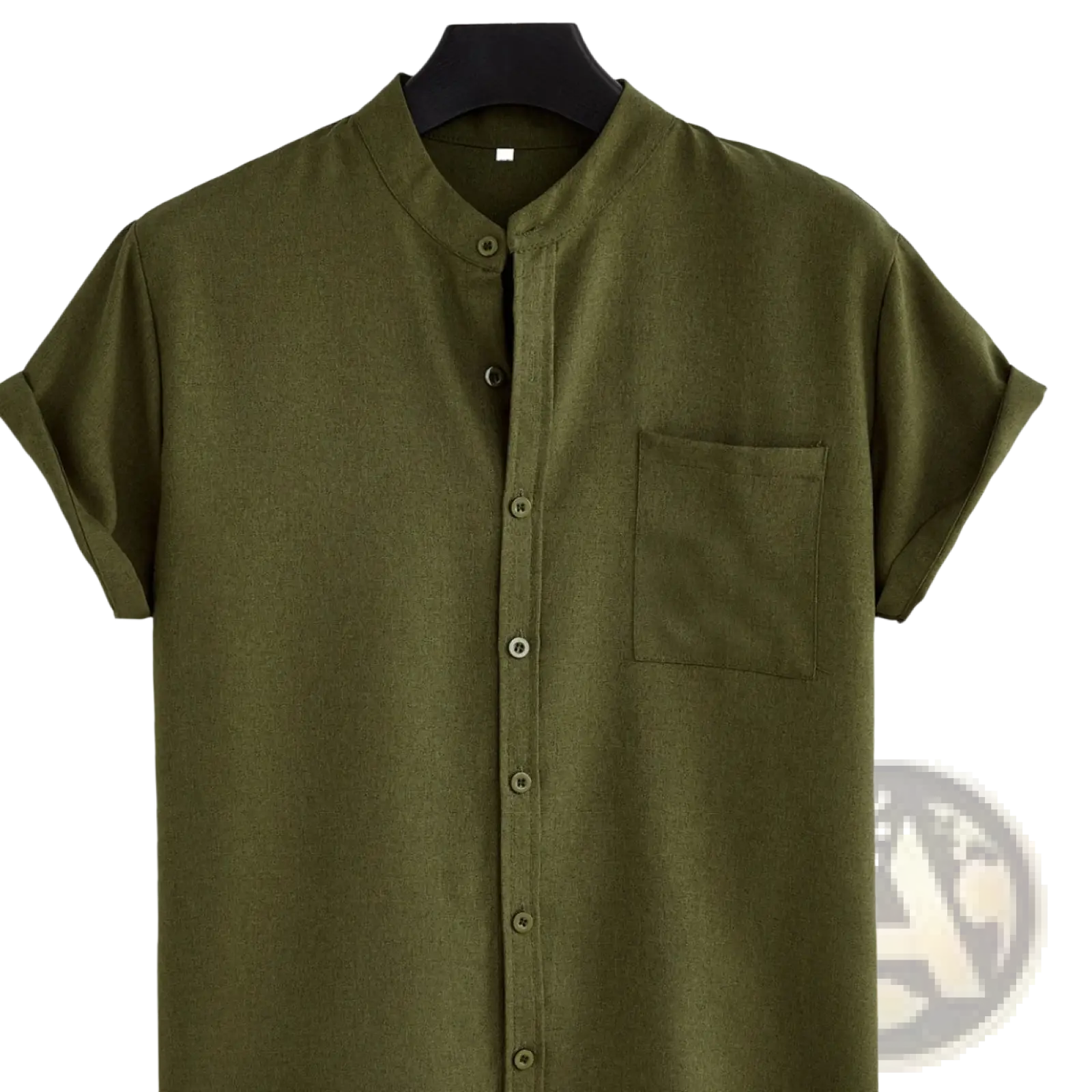 Mens olive green mandarin collar short sleeve casual shirt with button-up front and single chest pocket