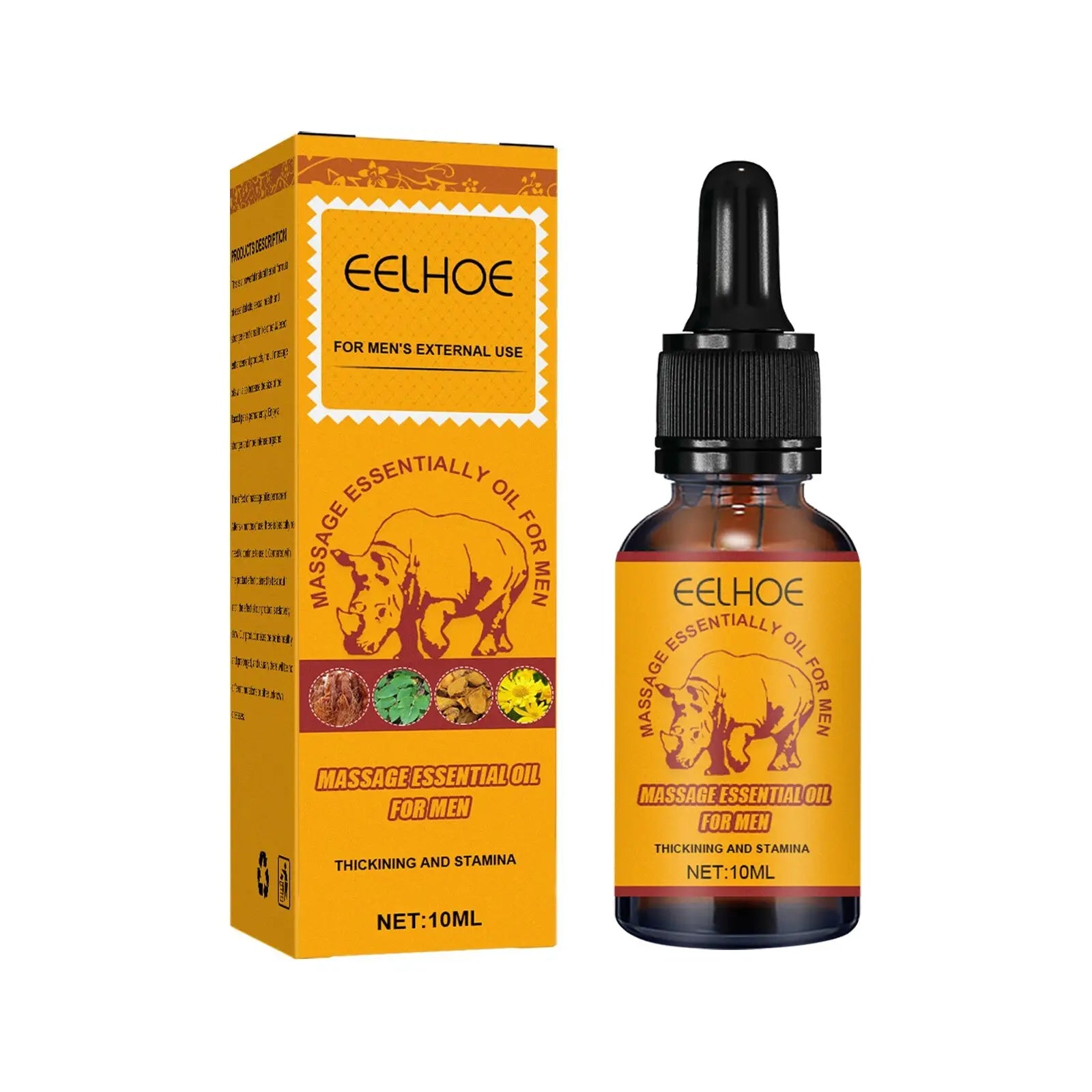 Eelhoe men’s massage essential oil with red ginseng in 10ml amber glass bottle and orange packaging with rhinoceros design