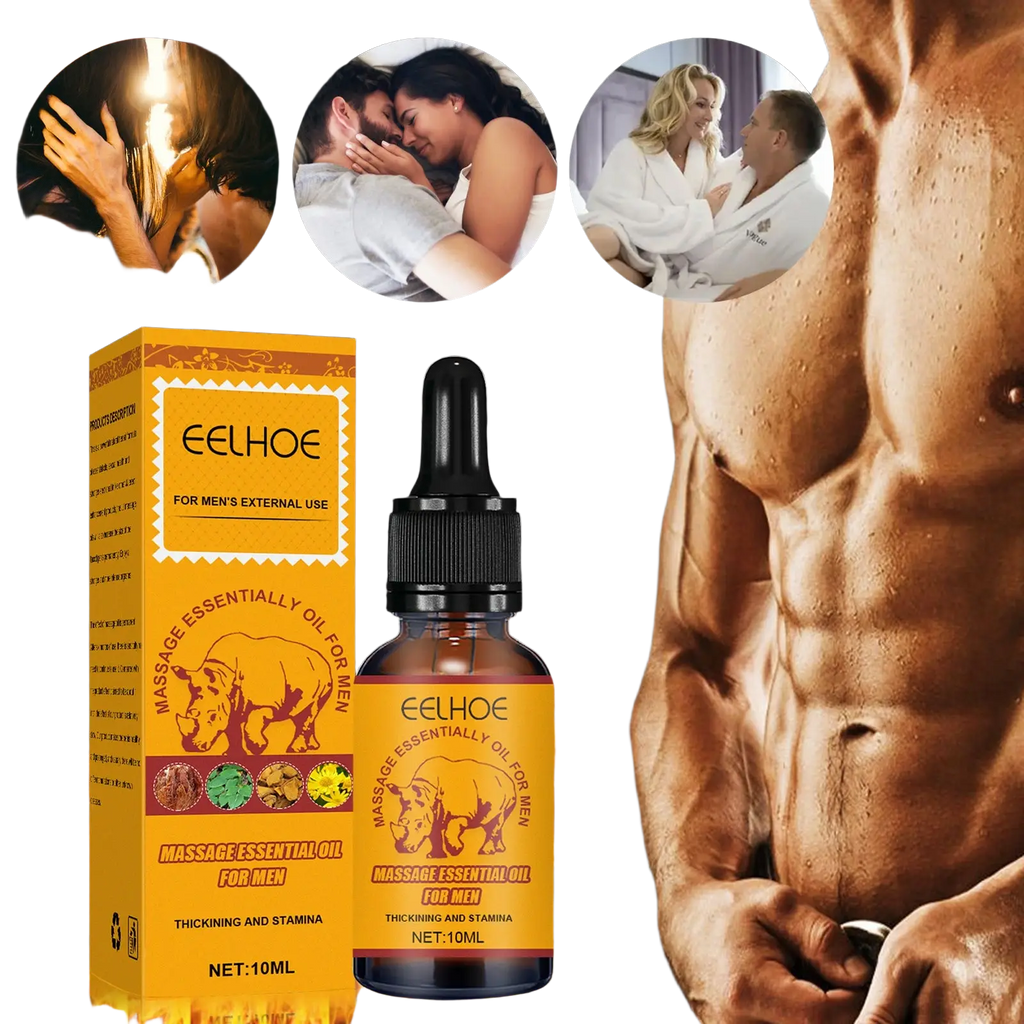 Eelhoe men’s massage essential oil with red ginseng in dark amber glass bottle with black dropper and orange rhino packaging