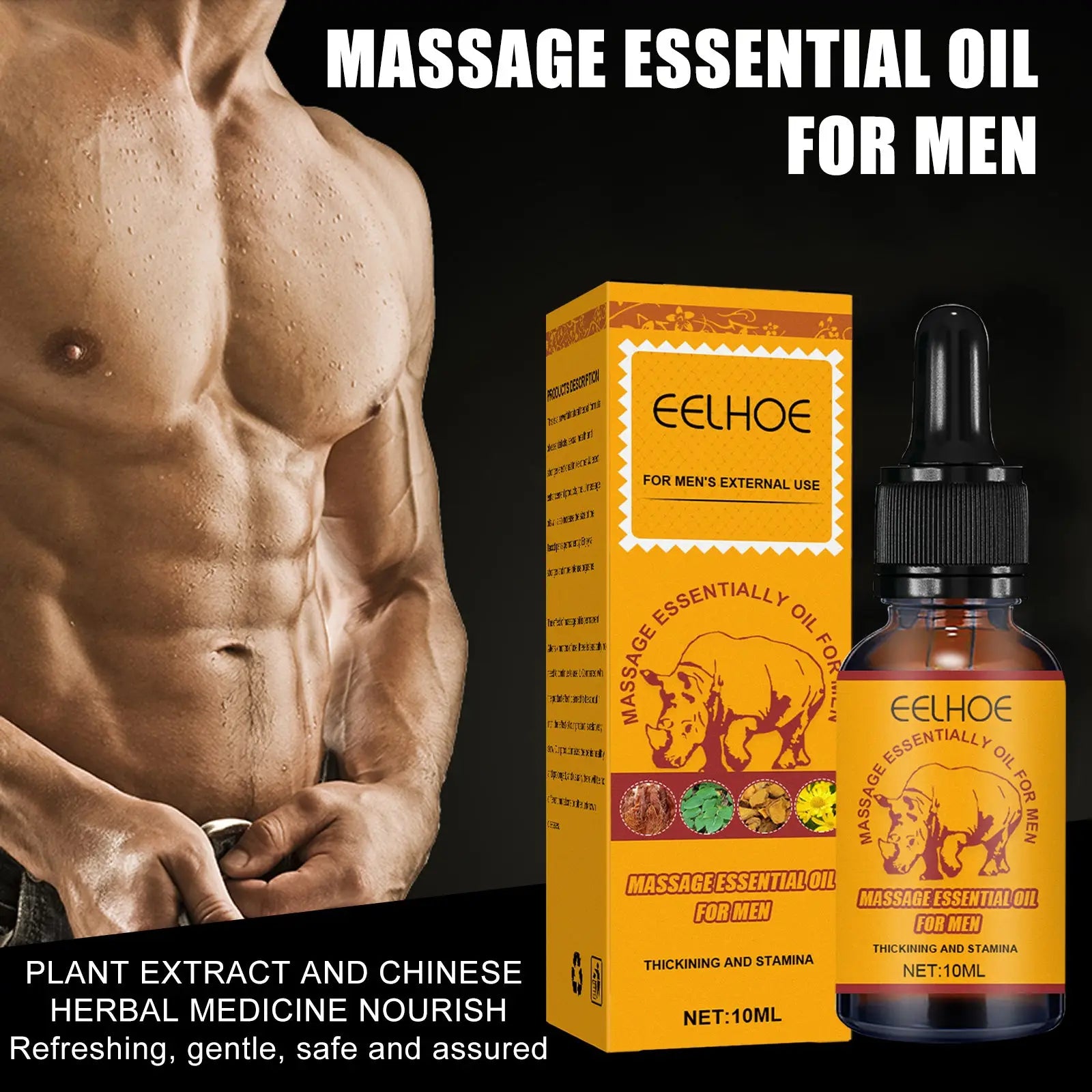 Orange cardboard box and amber glass bottle with black dropper labeled eelhoe men’s massage essential oil with red ginseng 10ml