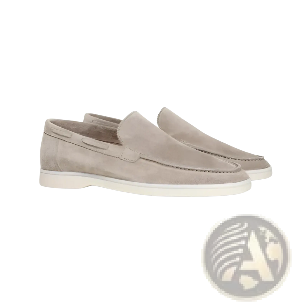 Men’s matte beige suede slip on loafers with white rubber sole and classic moccasin stitching