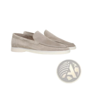 Men’s matte beige suede slip on loafers with white rubber sole and classic moccasin stitching