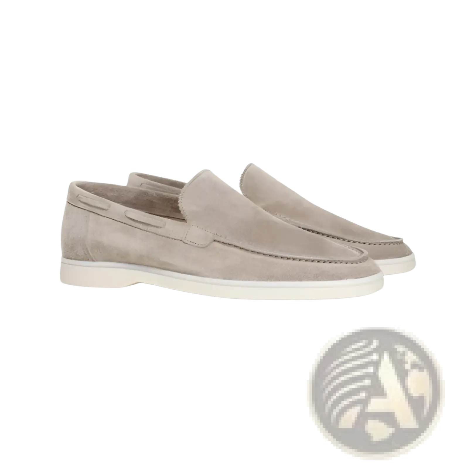 Men’s matte beige suede slip on loafers with white rubber sole and classic moccasin stitching