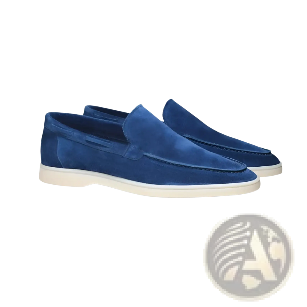 Men’s royal blue matte suede slip on loafers with white rubber sole showcasing elegant casual footwear design