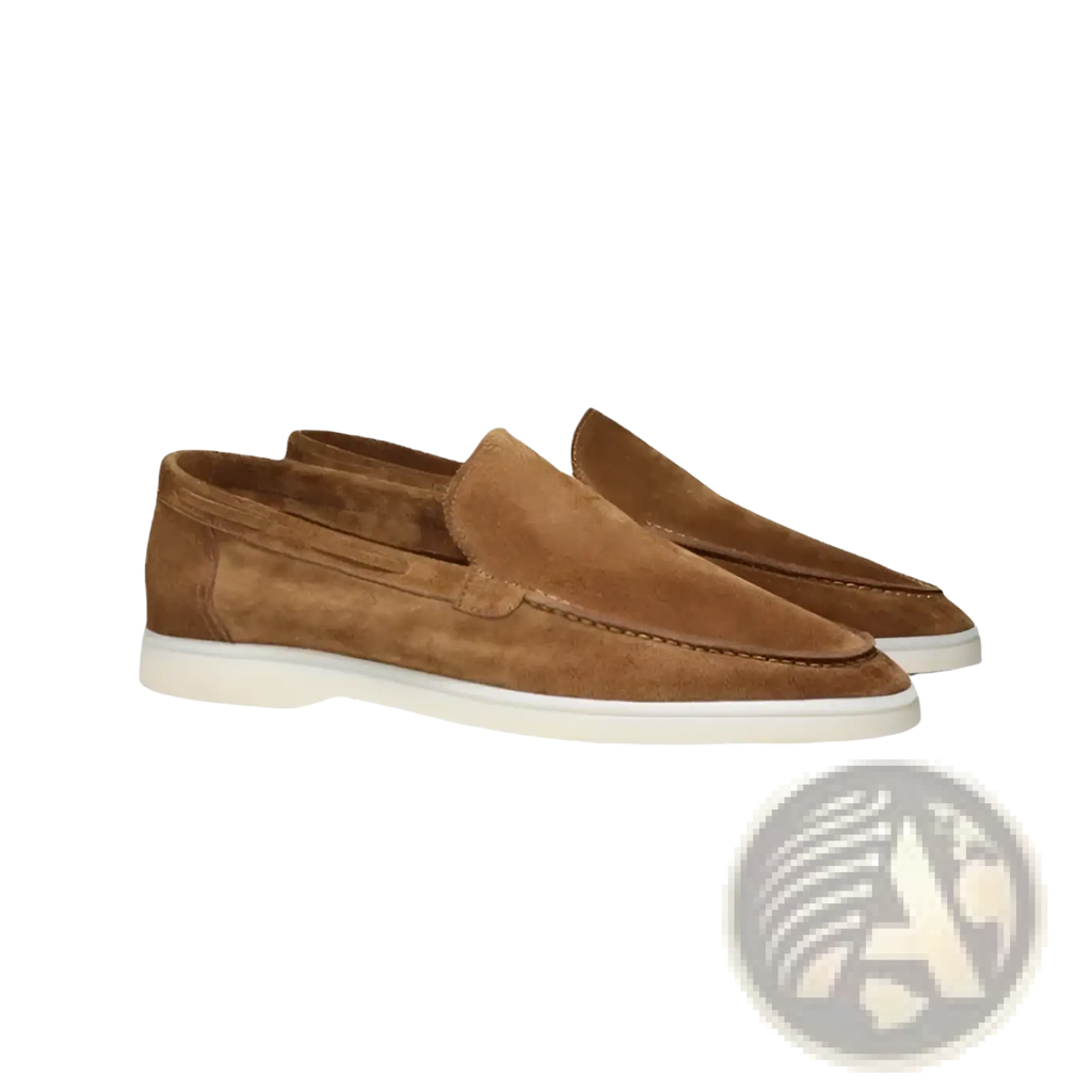 Men’s tan suede slip on loafers with matte finish and white rubber sole perfect for casual wear