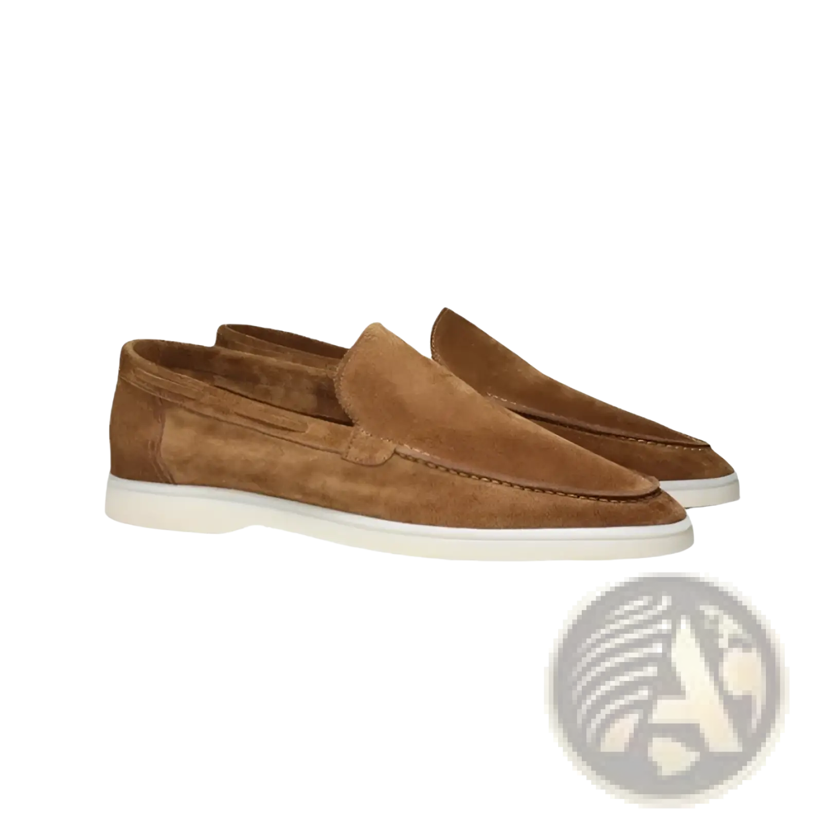Men’s tan suede slip on loafers with matte finish and white rubber sole perfect for casual wear