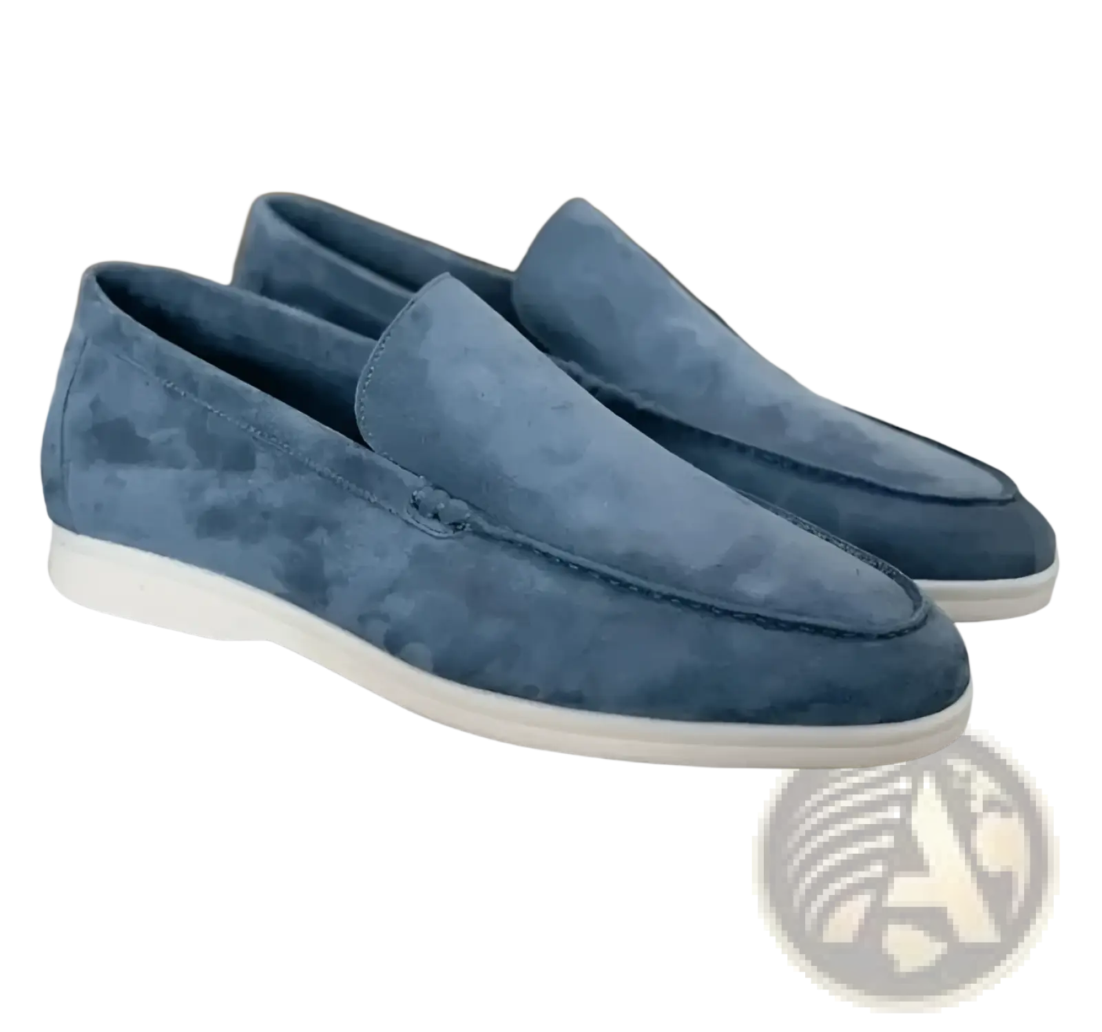 Men’s matte blue suede slip on loafers with subtle camouflage pattern and white rubber soles for casual wear