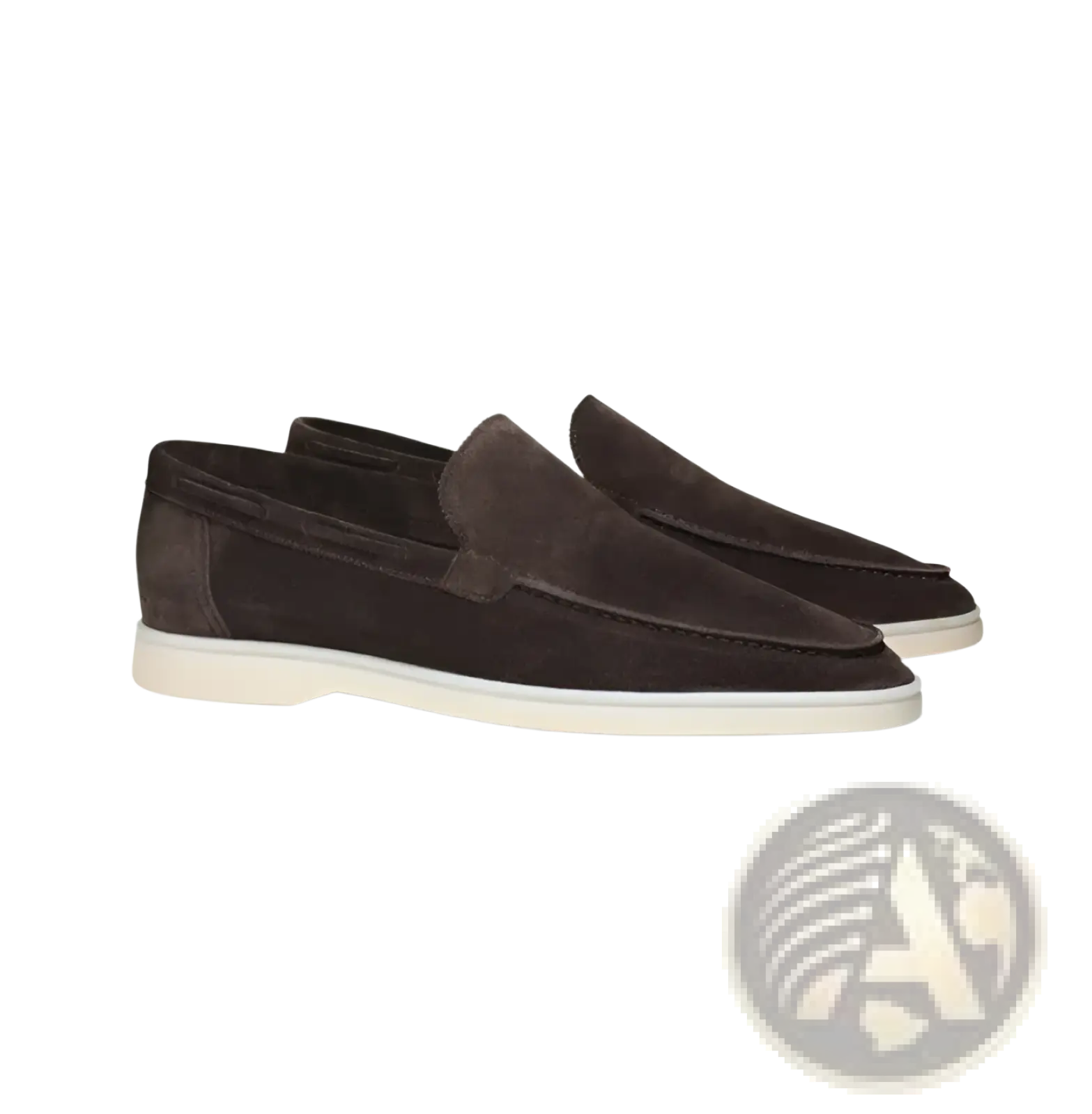 Men’s dark brown suede slip on loafers with white rubber sole featuring a matte finish