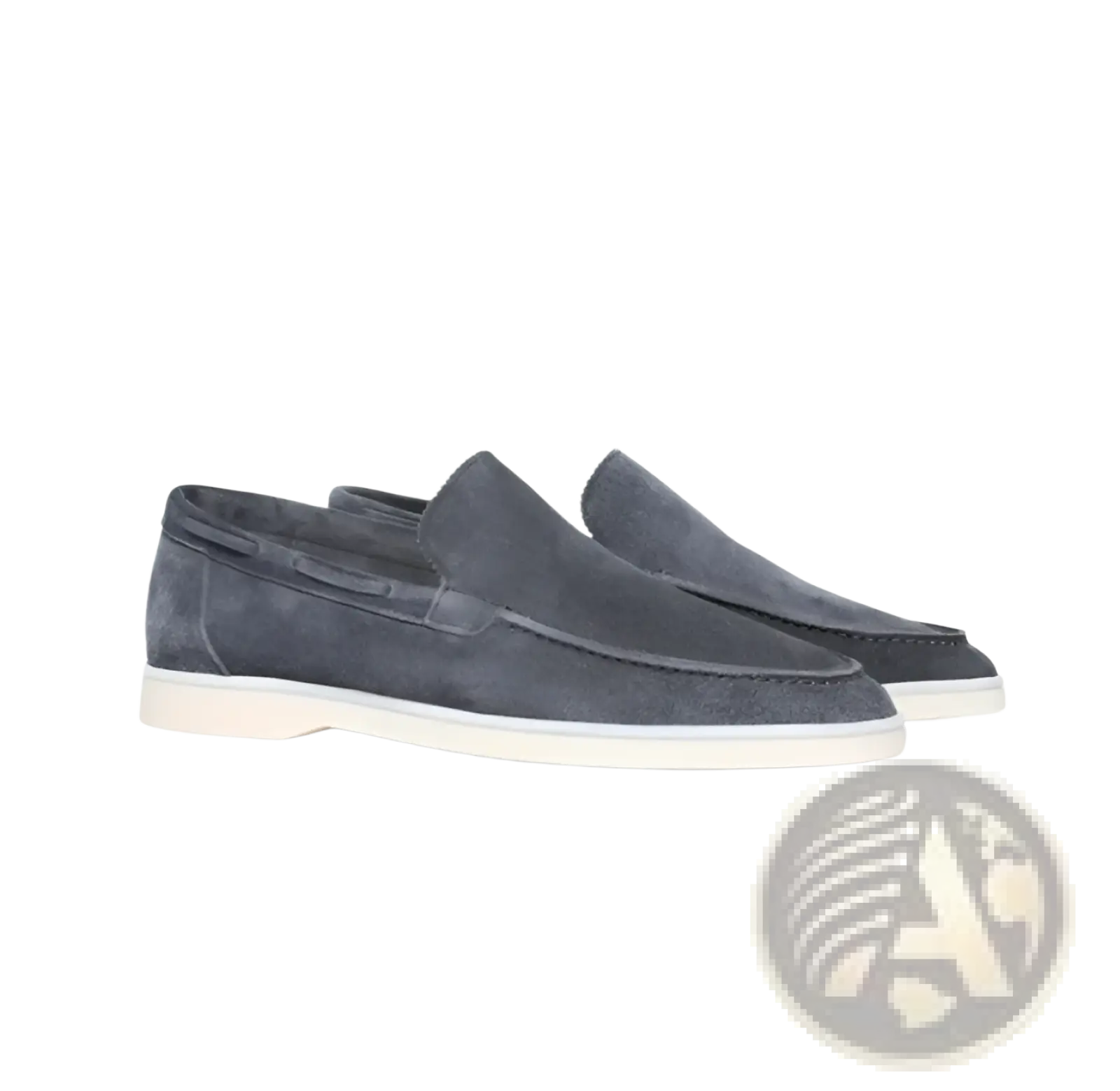 Men’s dark gray suede slip on loafers with white rubber sole featuring a matte finish for casual wear