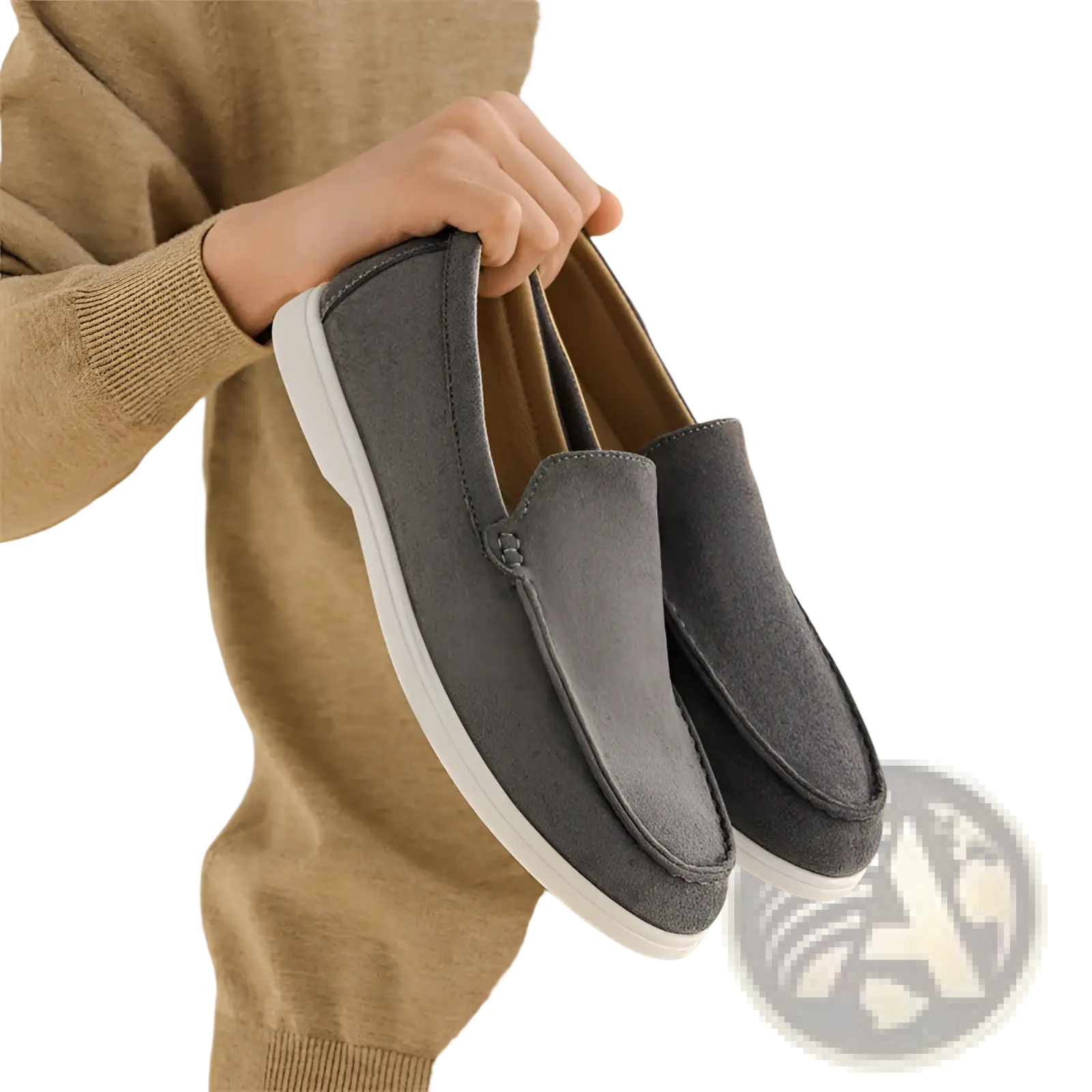 Men’s gray matte suede slip on loafers with white rubber sole showcasing front and side view
