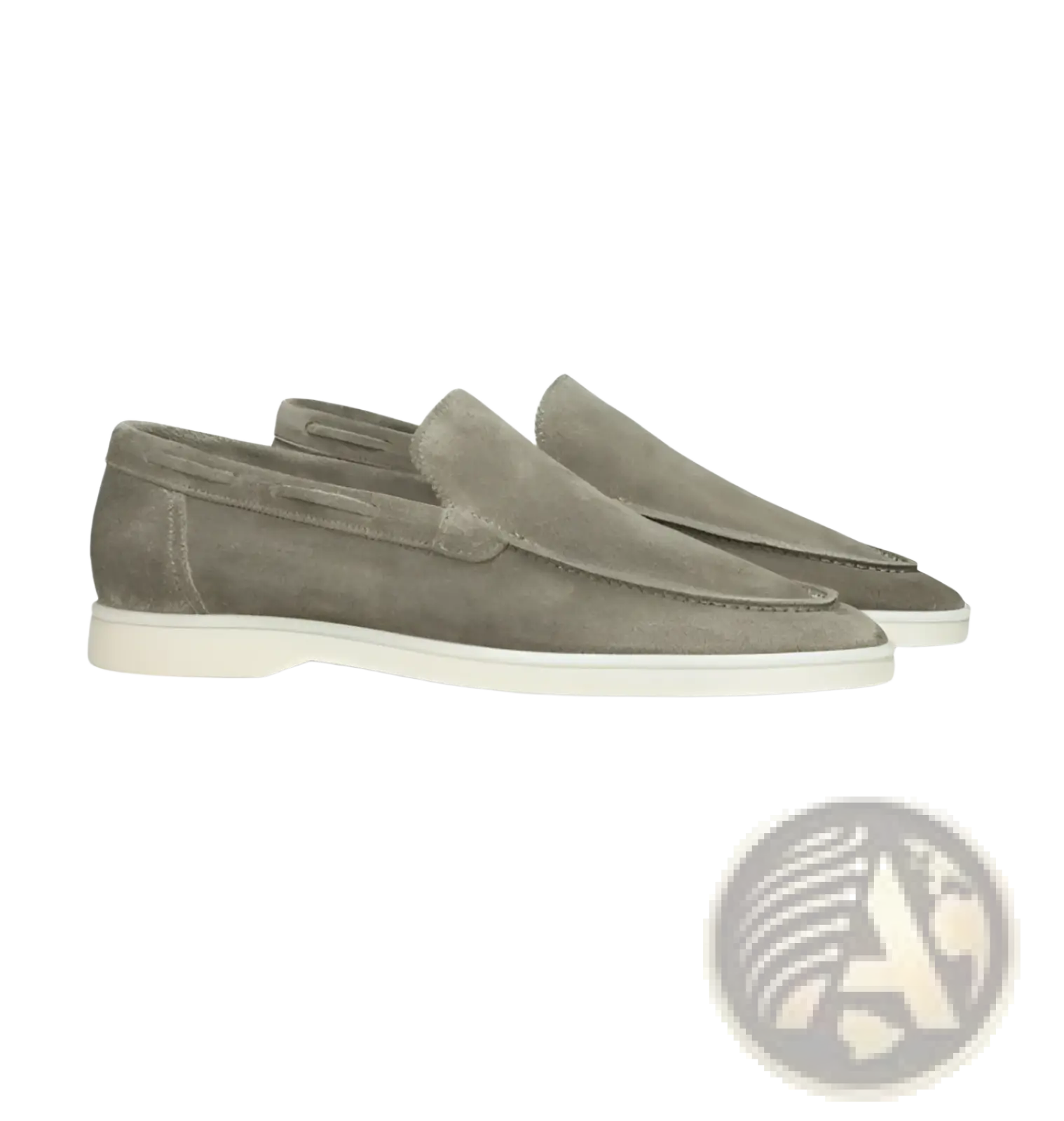 A pair of men’s taupe matte suede slip on loafers with white rubber sole for casual and formal wear