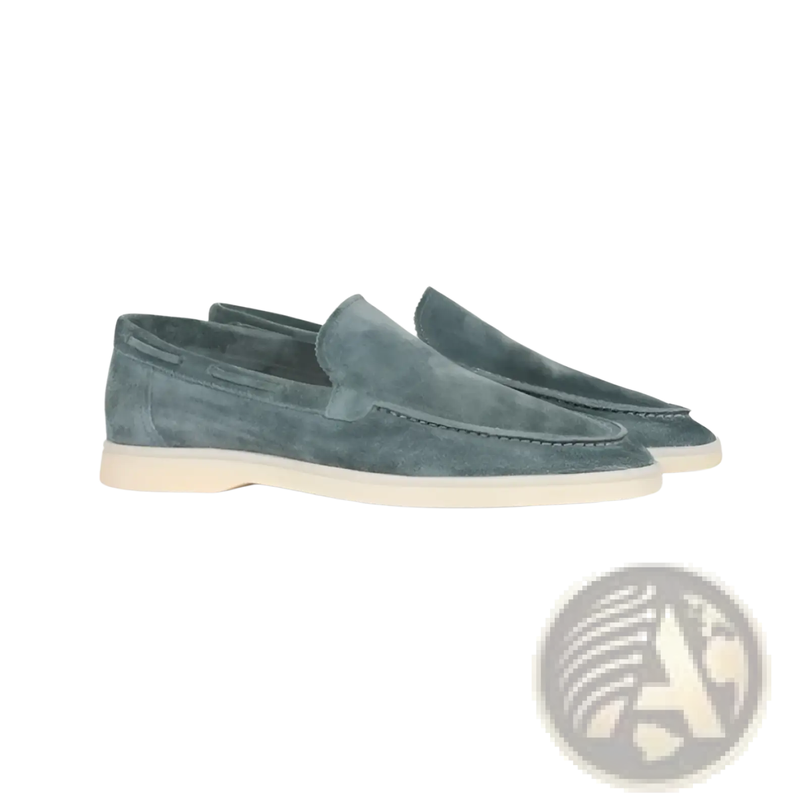 Men’s matte suede slip on loafers in muted teal with a minimalist design and off-white rubber soles