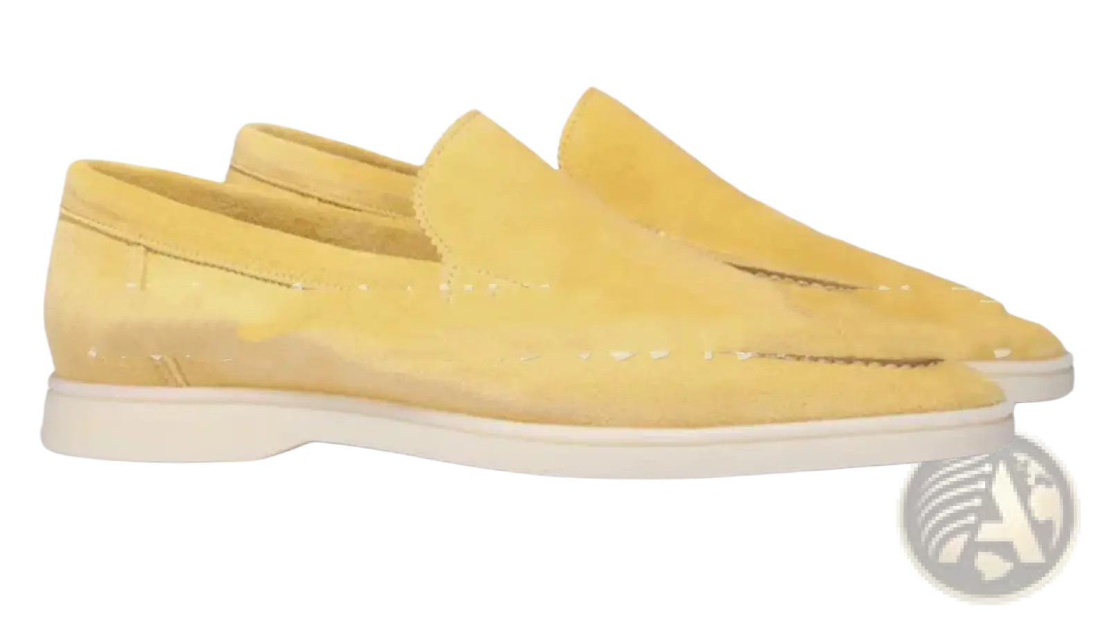 Pair of men’s pale yellow matte suede slip on loafers with white rubber soles for casual wear