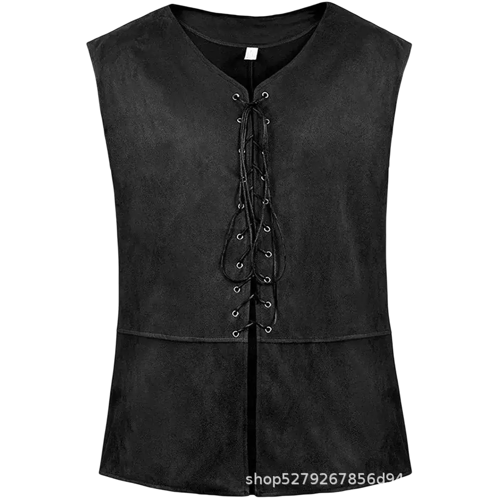 Mens medieval suede renaissance vest in black with v-neck and front lacing detail made of soft suede