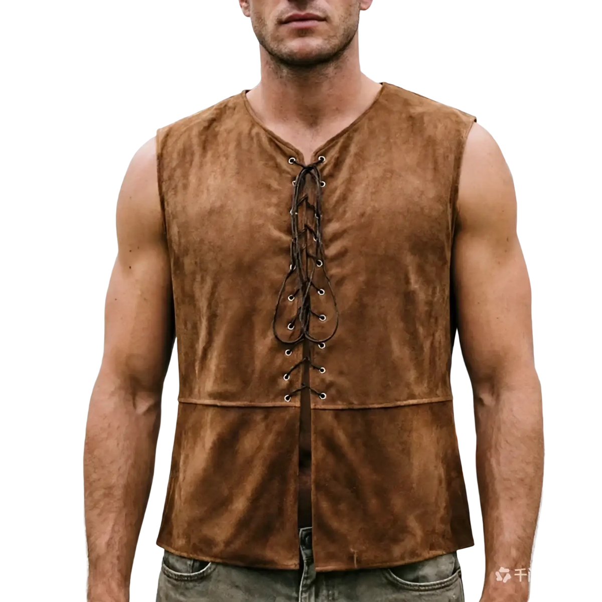 Mens medieval suede renaissance vest in brown with lace-up front and subtle stitching details