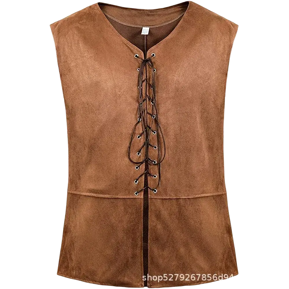 Mens medieval suede renaissance vest in brown with v-neck and front lacing detail