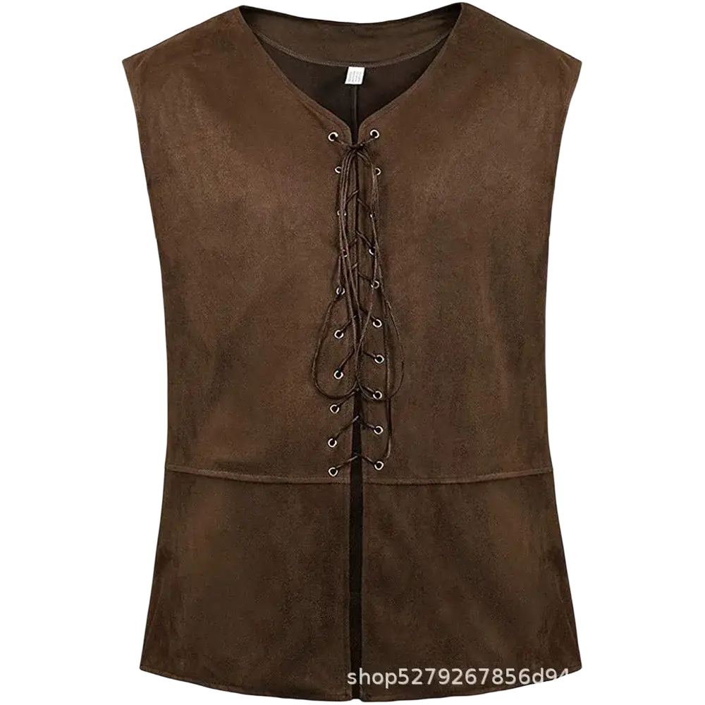 Mens medieval suede renaissance vest in brown featuring v-neck and front lacing for historical costume use