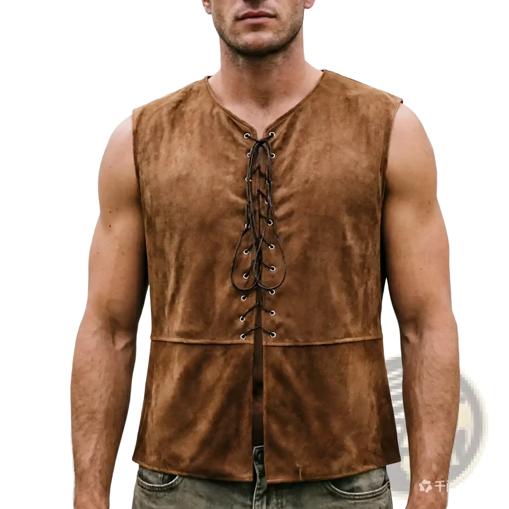Mens medieval suede renaissance vest in brown with lace-up front and subtle stitching details