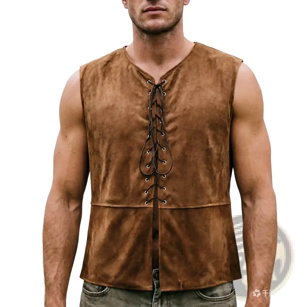 Mens medieval suede renaissance vest in brown with lace-up front and subtle stitching details