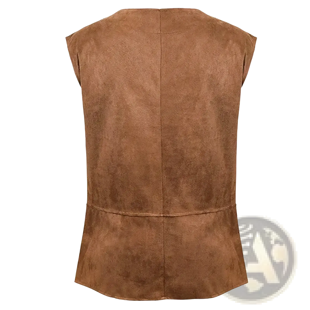 Mens medieval suede renaissance vest in brown with sleeveless design central seam and horizontal stitching detail