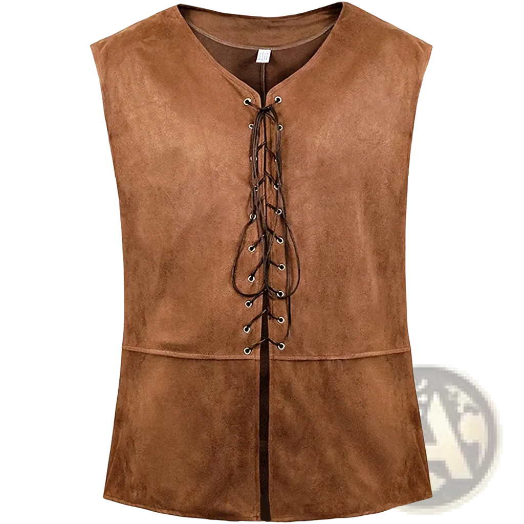 Mens medieval suede renaissance vest in brown featuring a v-neck and front lacing closure