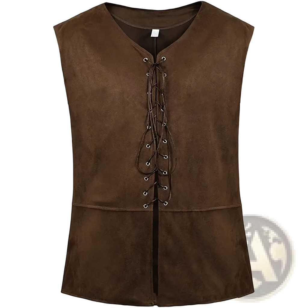 Mens medieval suede renaissance vest in brown with v-neck and front lacing made of soft suede material