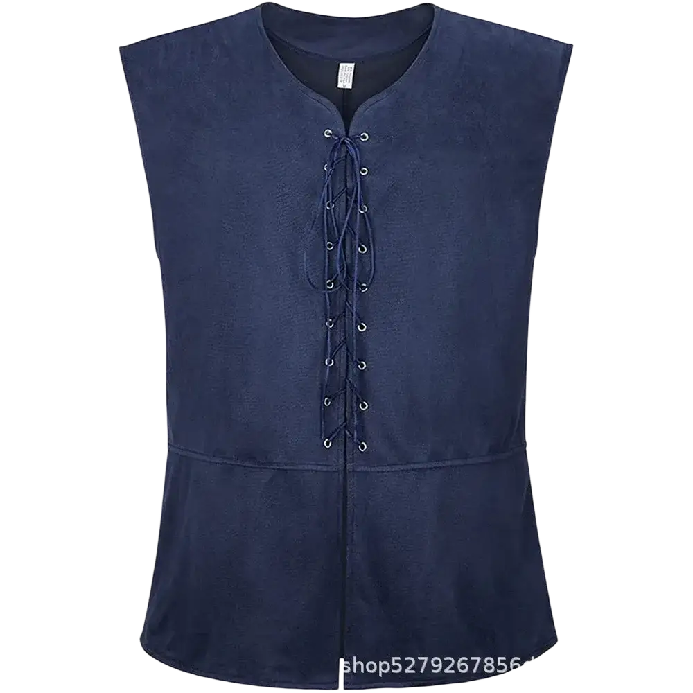 Dark blue suede mens medieval renaissance vest with lace-up front and subtle peplum hem for historical costumes