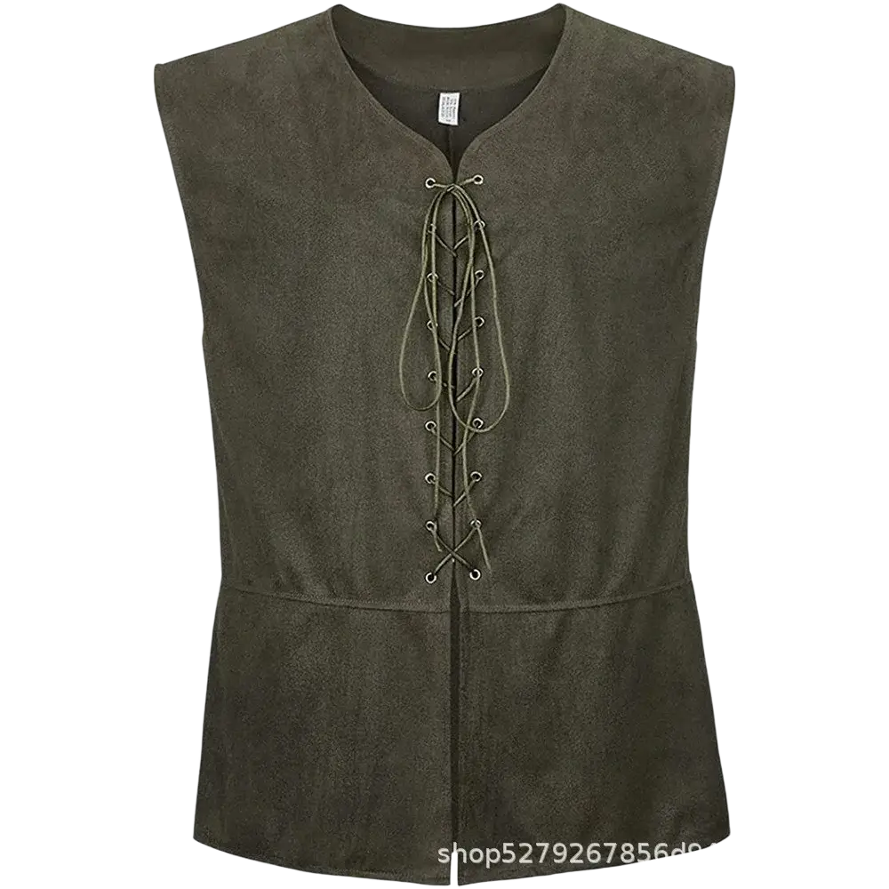 Dark olive mens medieval suede renaissance vest with lace-up front and metal eyelets