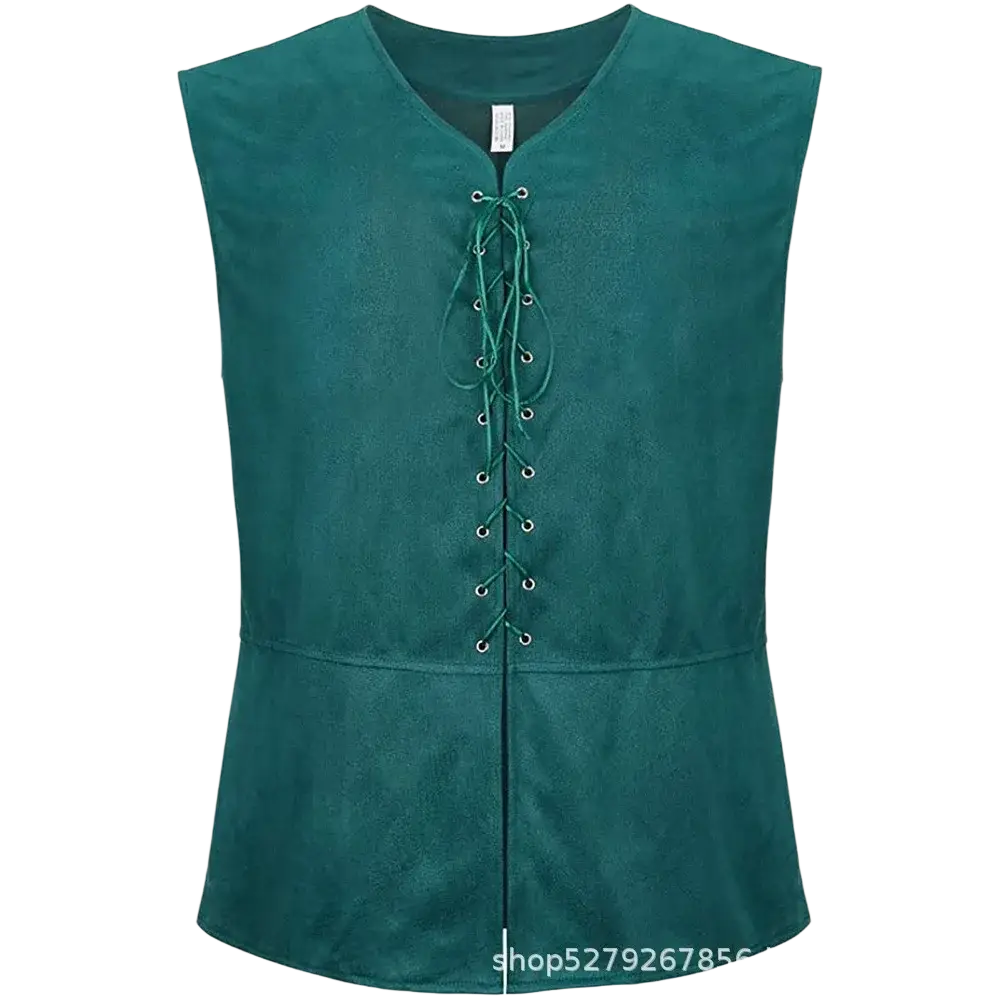 Deep green suede mens medieval renaissance vest with v-neck and front lacing detail