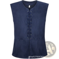 Dark blue suede mens medieval renaissance vest with lace-up front and subtle peplum hem for historical costumes