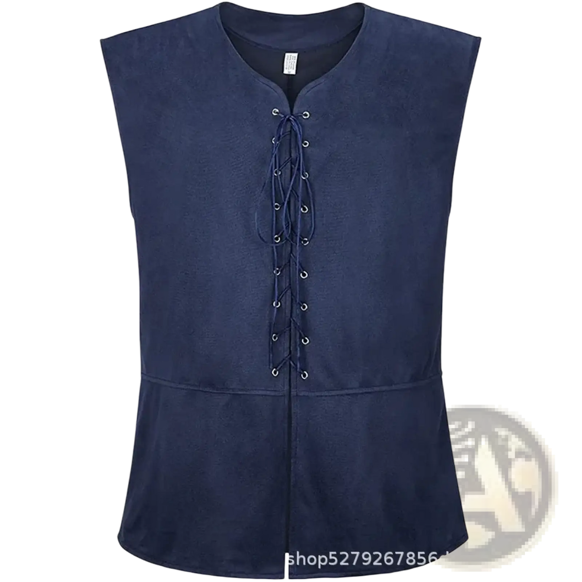 Dark blue suede mens medieval renaissance vest with lace-up front and subtle peplum hem for historical costumes