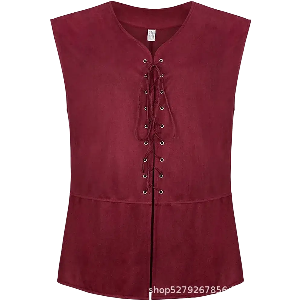 Mens medieval suede renaissance vest in rich burgundy with v-neck and front lacing detail