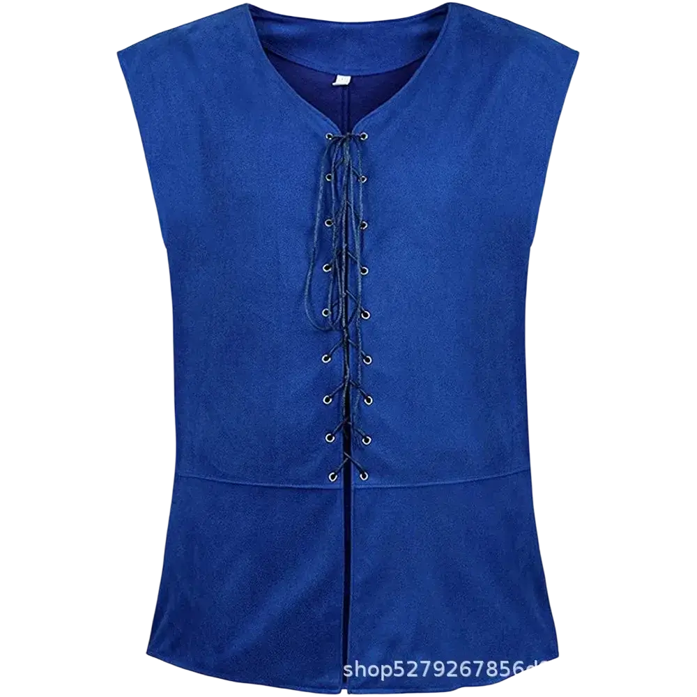 Mens medieval suede renaissance vest royal blue sleeveless with black lace-up front and silver toned eyelets