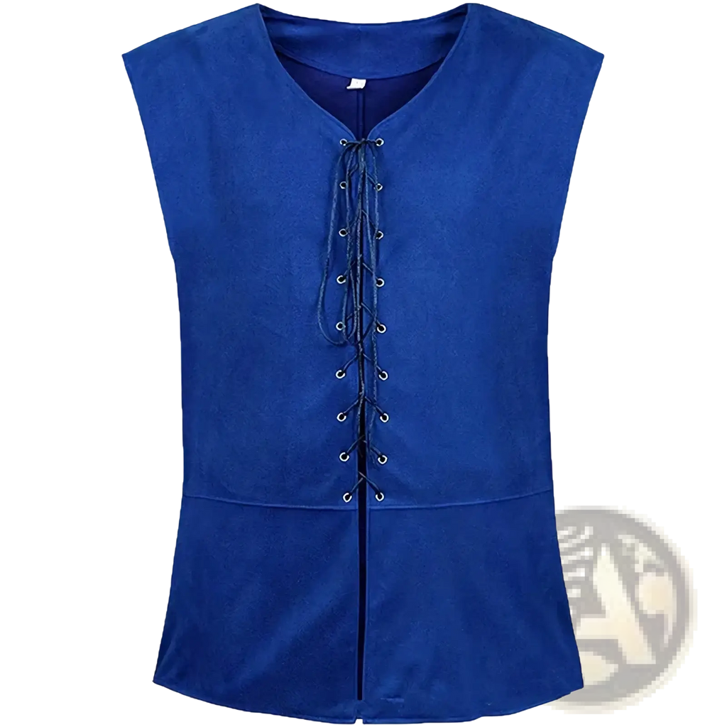 Mens medieval suede renaissance vest in royal blue with sleeveless design and lace-up front with black laces and silver eyelets