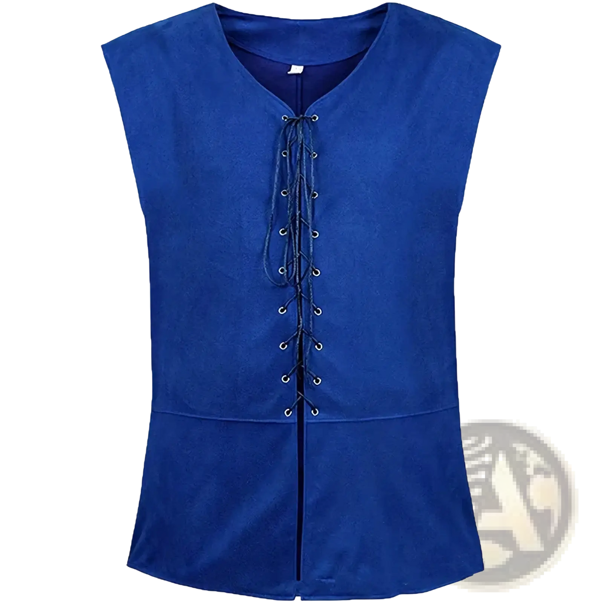 Mens medieval suede renaissance vest in royal blue with sleeveless design and lace-up front with black laces and silver eyelets