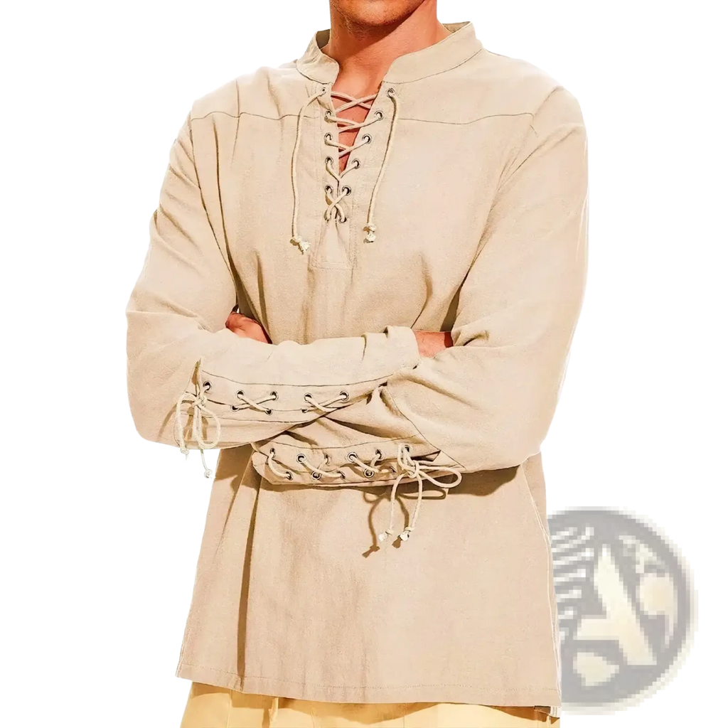 Beige long-sleeved men’s medieval Viking linen shirt with lace-up front and cuffs in authentic style