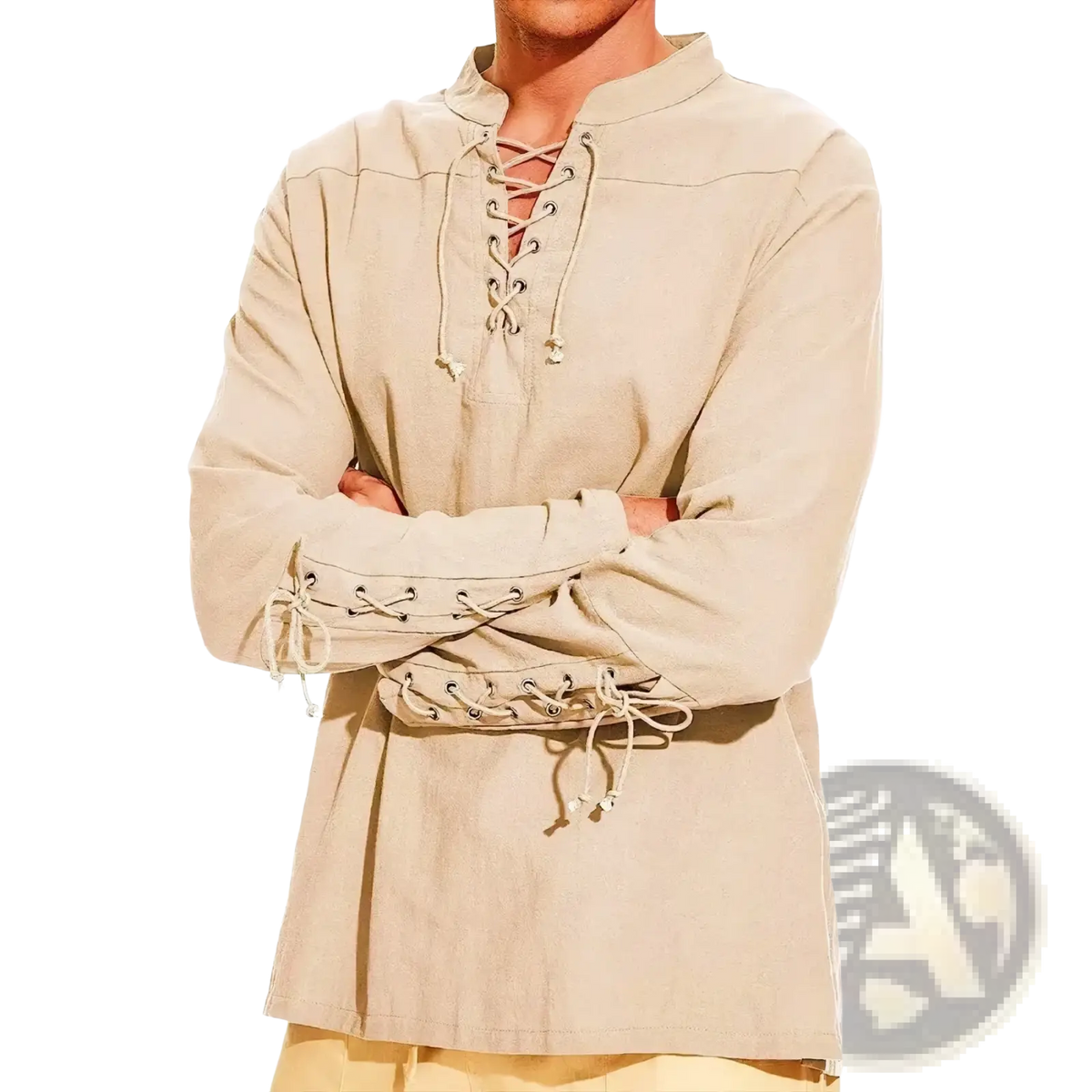 Beige long-sleeved men’s medieval Viking linen shirt with lace-up front and cuffs in authentic style